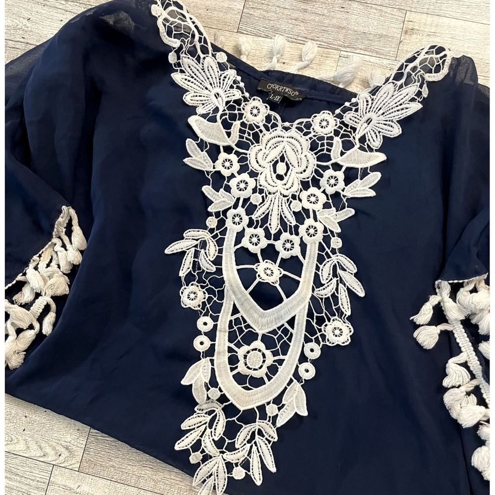 CPOKRTWSO Navy Blue Lace Crochet Tassel Trim Swim Cover Up Kaftan L-1X